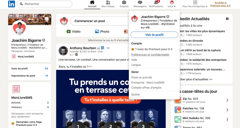 LinkedIn Me menu