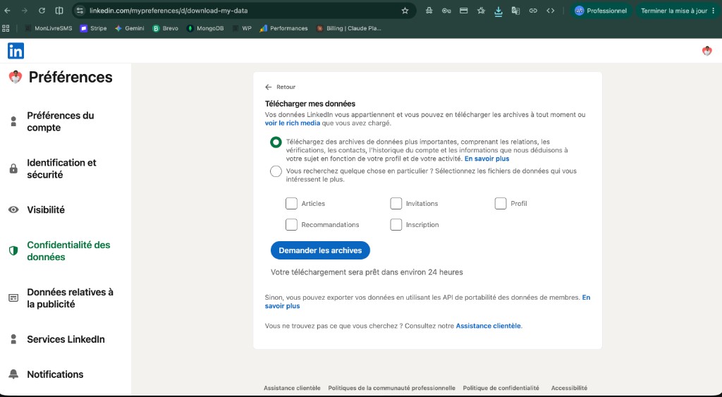 Request LinkedIn archives